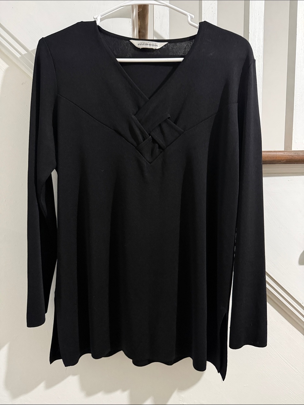 Exclusively Misook Black Long Sleeve V-Neck Top with Knot Detail